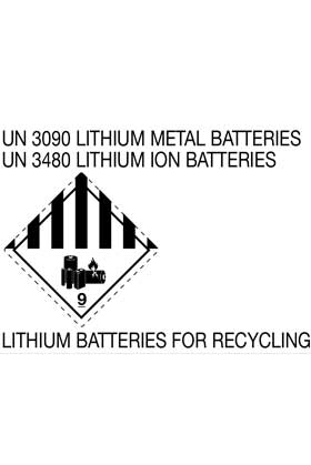 Etikett UN 3090 LITHIUM METAL BATTERIES - UN 3480 LITHIUM ION BATTERIES - FOR RECYCLING